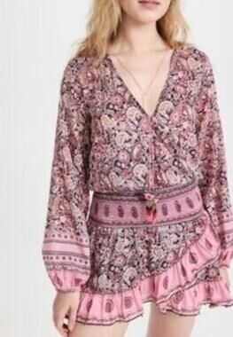 Bell By Alicia Bell Evelyn Dress Women M Pink Paisley Silk Smocked Boho Exc‎